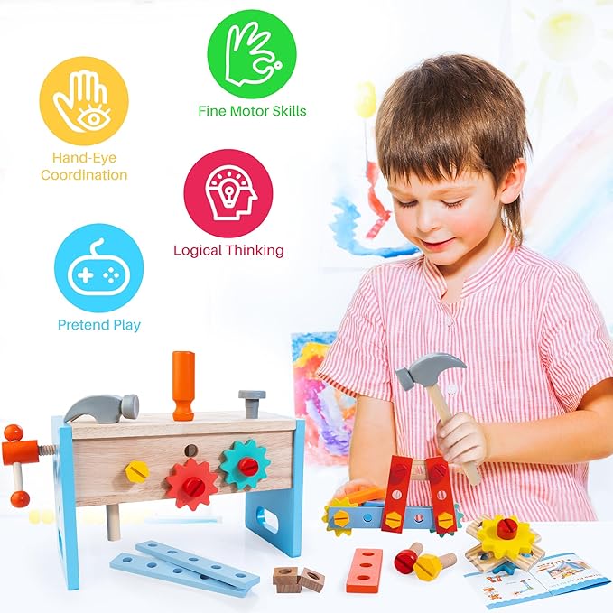 Bravmate Wooden Tool Set for Kids 2-5 Years Old - 38pcs Take-Along Toddler Tool Kit with Tool Box, STEM Montessori Toys Christmas Birthday Gift for 2 3 4 5 Year Old Boys Girls