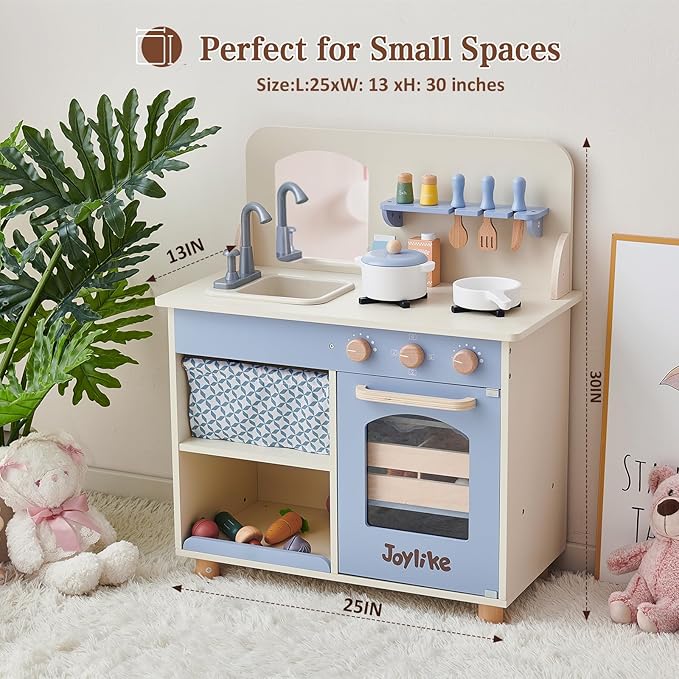 Wooden Kitchen Playset for Kids, Toddler Play Kitchen with 32Pcs Accessories Cutting Food Set, Stove & Water Sink, Pretend Play Toy for Kids Ages 3+