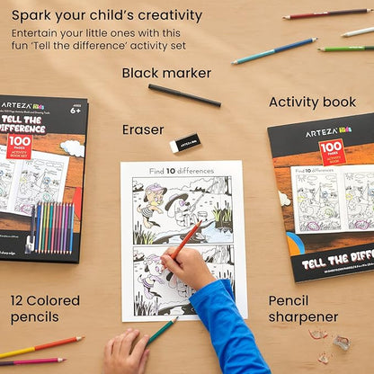 Arteza Kids Activity Book, Spot The Difference Book, Back to School Supplies for Ages 6 and Up, 50 Sheets, 12 Double-Ended Colored Pencils, Black Marker, Eraser, Sharpener
