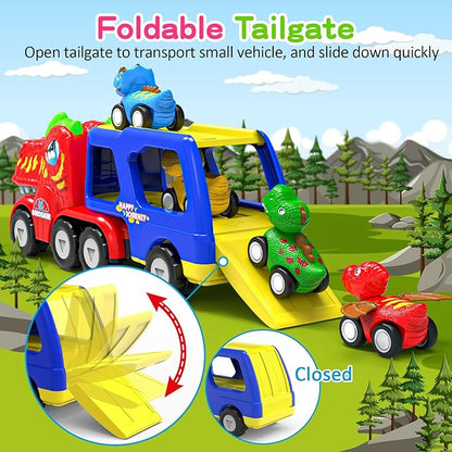 Toys for 1 2 3 4 Year Old Boys Girls, 5 in 1 Toy Trucks for Boys Age 2-3 with 4 Dinosaur Toy Cars for Toddlers 1-3
