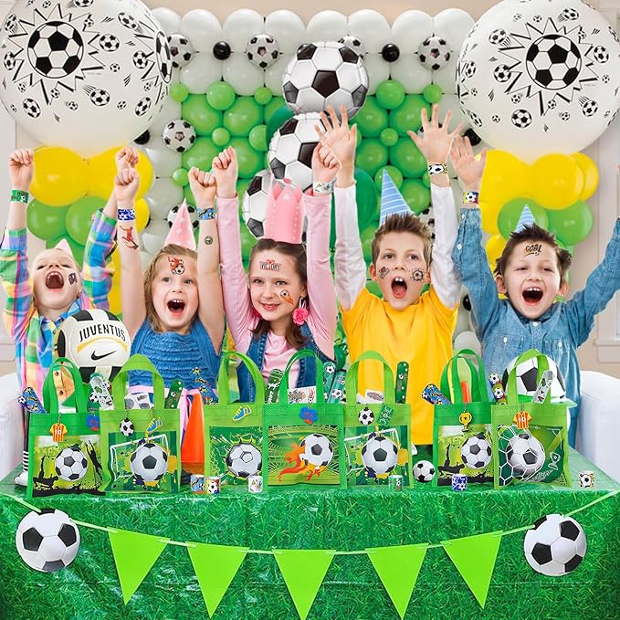 Winrayk 12 Set Soccer Party Favors Sports Birthday Supplies Kids, Non Woven Gift Bags Slap Bracelet Keychain Tattoo Sticker Boys Gift Toy Soccer Pinata Filler Goodie Bag Stuffers Soccer Party Supplies