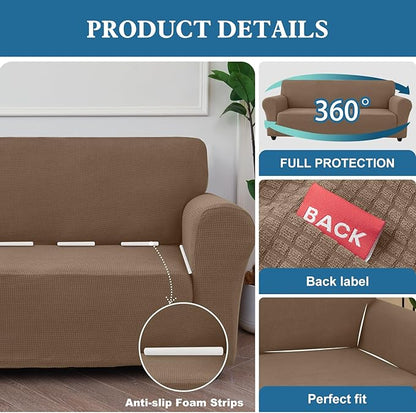100% Waterproof Jacquard Fabric Couch Cover, Dual Layer with TPU Film, Leakproof High Elasticity Non-Slip Washable Furniture Protector for Pets, Dogs, Cats and Kids (Loveseat,Taupe)