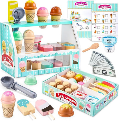 WHOHOLL Wooden Ice Cream Counter Playset for Toddler Girl Toys, Play Store Pretend Toy Food Play Kitchen Accessories with Fake Money & Coin, Gifts for 3+ Year Old Kids (Green)