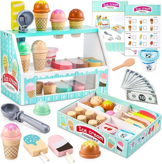 WHOHOLL Wooden Ice Cream Counter Playset for Toddler Girl Toys, Play Store Pretend Toy Food Play Kitchen Accessories with Fake Money & Coin, Gifts for 3+ Year Old Kids (Green)