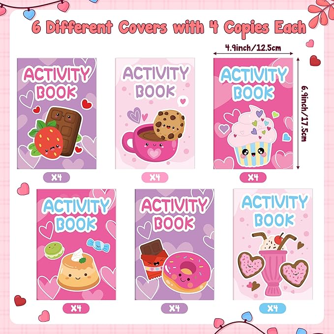 Valentine’s Day Activity Books for Kids - 24Pcs Desserts Theme Mini Games Coloring Book Set Bulk Mazes Word Search Word Scramble Games for Valentines Party Goodie Bags Stuffers School Classroom Favors