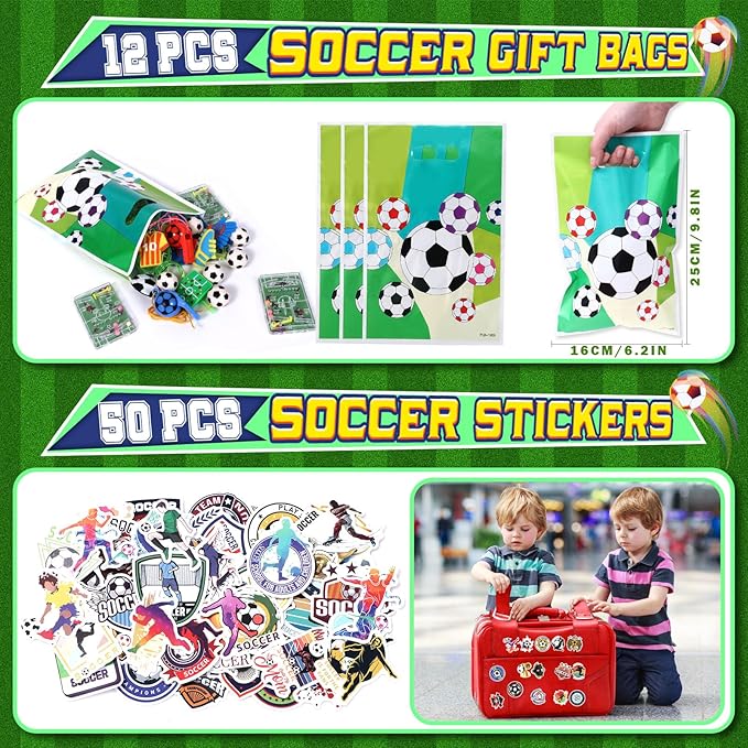 Winrayk 146Pcs Soccer Party Favors Birthday Supplies for Kids, Straw Bouncy Ball Puzzle Toy Bracelet Gift Bag Whistle Sticker Keychain, Goody Stuffer Girls Boys Sports Soccer Themed Party Favors Decor