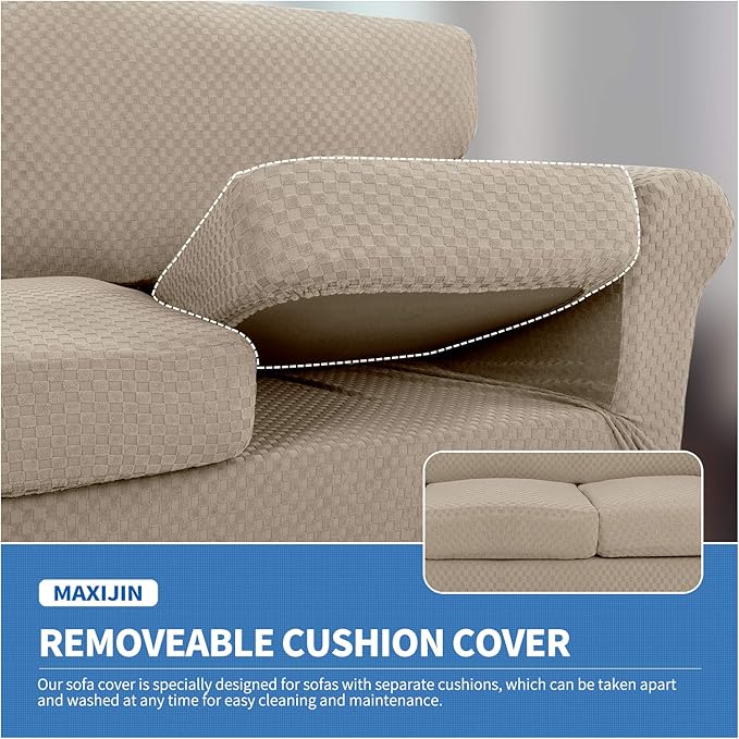 MAXIJIN 3 Piece Jacquard Couch Covers for 2 Cushion Couch Stretch Non Slip Love Seat Couch Cover for Dogs Pet Friendly Elastic Furniture Protector Loveseat Slipcovers (Loveseat, Khaki)