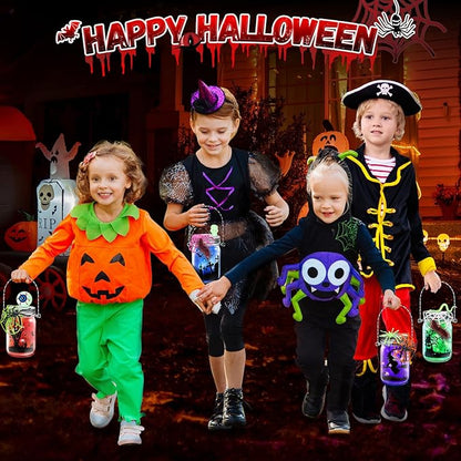 SpringFlower Halloween Craft for Kids, Halloween Mason Jar with Accessories,Halloween Art Activities Party Favors Supplies, Halloween DIY Lantern Jar,4 Pack