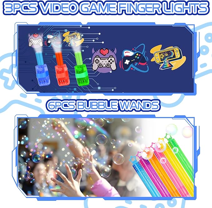 Video Game Party Favors, Gaming Birthday Party Supplies with Mini Game Player Pixel Sunglasses Finger Lights Slap Bracelet Punch Balloon Stamp Bubble Wand 92pcs Birthday Party Favors for Kids