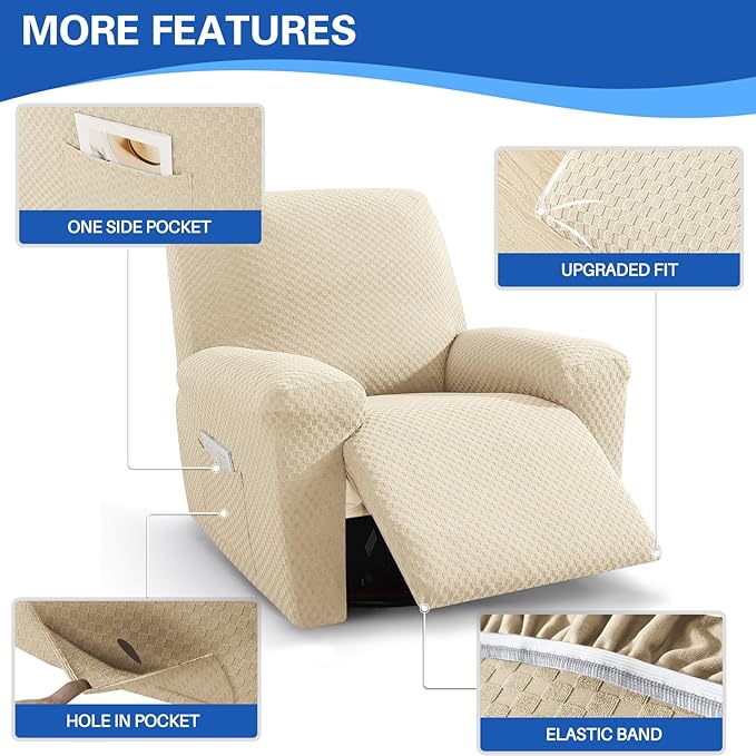 MAXIJIN Recliner Cover Slipcovers for Living Room 4 Pieces Stretch Jacquard Recliner Chair Cover Soft Fitted Recliner Protector with Elastic Bottom for Kids, Pets (Recliner, Light Beige)