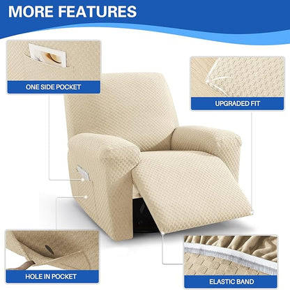 MAXIJIN Recliner Cover Slipcovers for Living Room 4 Pieces Stretch Jacquard Recliner Chair Cover Soft Fitted Recliner Protector with Elastic Bottom for Kids, Pets (Recliner, Light Beige)