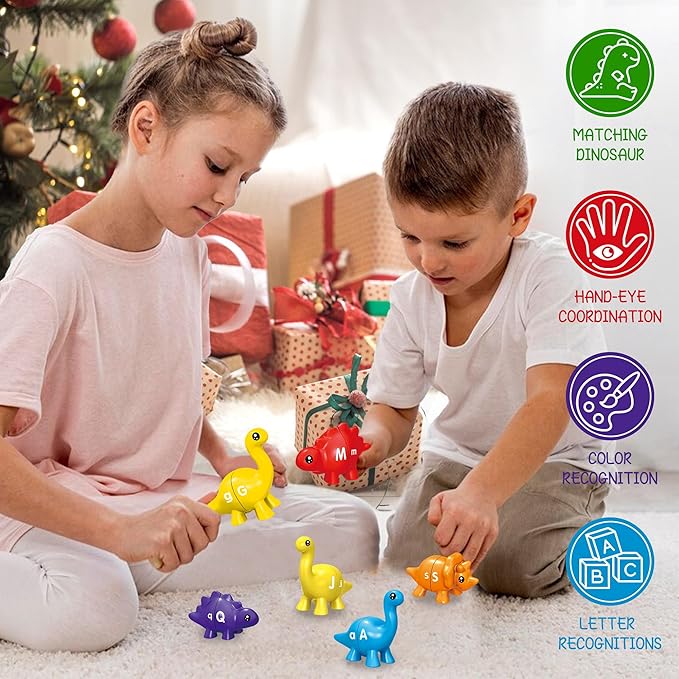 Christmas Party Games 26 Pcs Alphabet Learning Dinosaur Toys,Uppercase Paired Lowercase Matching Letters Color Sorting Fine Motor Toy, Montessori Toys for Kids for 2-5 Boys Girls