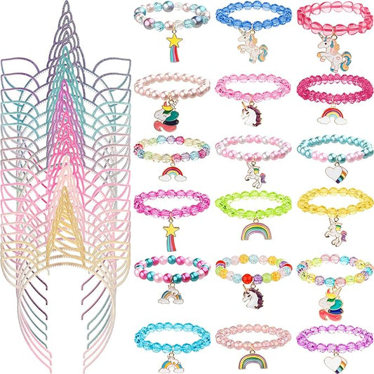 36 Pcs Unicorn Party Favors Unicorn Headbands for Girls Colorful Unicorn Bracelet Christmas Kids Gifts Rainbow Bracelets Unicorn Horn Headband for Birthday Party Supplies