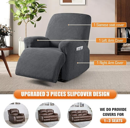 VANSOFY Recliner Chair Covers, 3-Pieces Stretch Recliner Covers for Recliner Chair Soft Reclining Chair Slipcover Furniture Protector for Dogs Cats(Charcoal Gray)