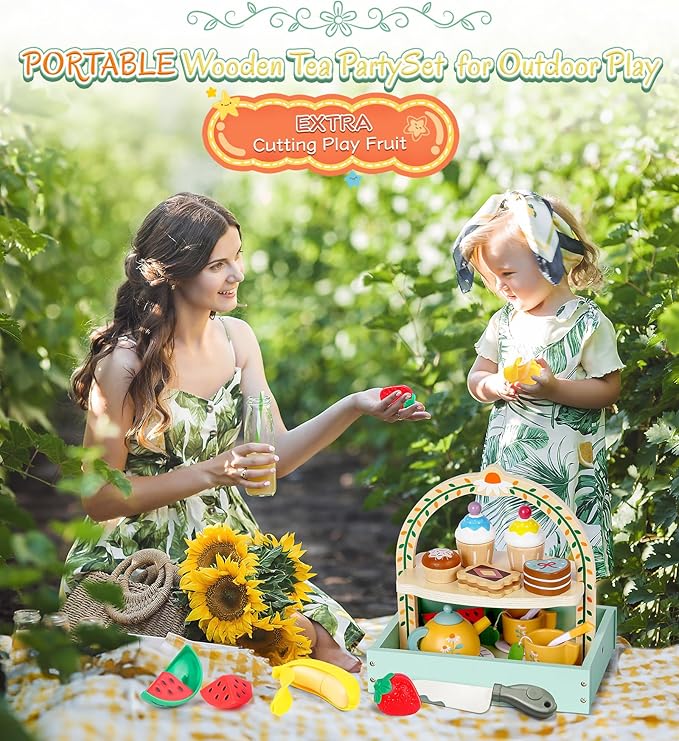 Wooden Tea Set for Toddlers Girls, Tea Party Set with Storage Cupcake Stand Extra Cutting Fruit Kids Tea Set for 3 4 5 6 Years Little Girls, Jeowoqao Portable Princess Tea Party Toys Gifts