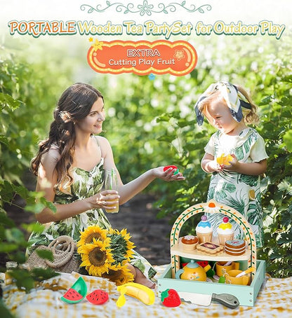 Wooden Tea Set for Toddlers Girls, Tea Party Set with Storage Cupcake Stand Extra Cutting Fruit Kids Tea Set for 3 4 5 6 Years Little Girls, Jeowoqao Portable Princess Tea Party Toys Gifts