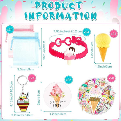 Thenshop 171 Pcs Ice Cream Party Favors Ice Cream Bracelet Keychain Eraser Sticker Labels Organza Gift Bags for Kids Girls Summer Baby Shower Ice Cream Theme Birthday Party Decorations Supplies