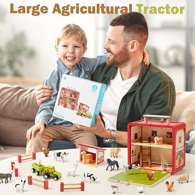 Toyssa Wooden Barn Farm Animals Toys for Toddlers 3-6 with Storage Box & Magnetic Tractor, Preschool Montessori Educational Learning Toys , Christmas Birthday Gift for Boys Girls Kids 2 3 4 5 6