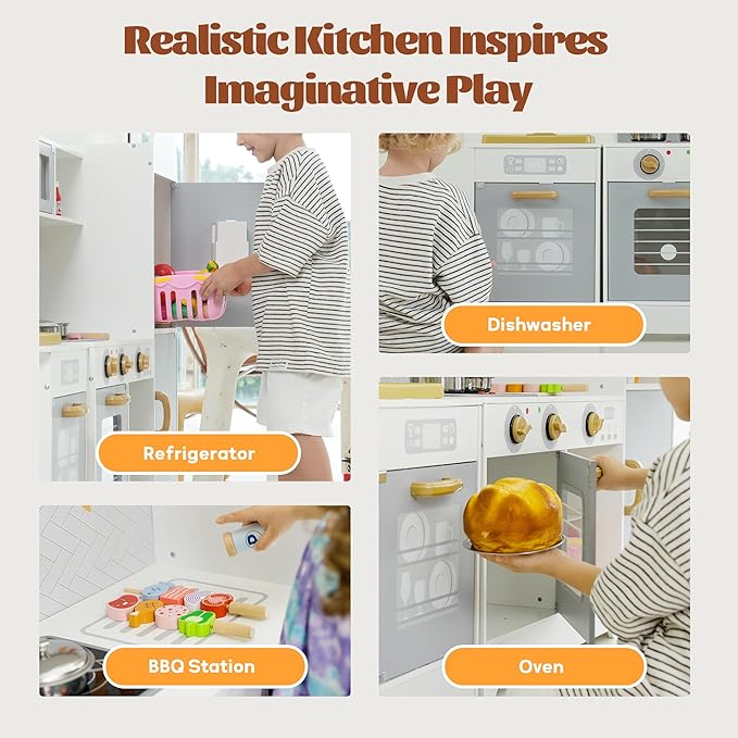 Wooden Pretend Play Kitchen Set, Realistic Oven Faucet Microwave Ice Maker BBQ, with Lights & Sounds Features, 21 Accessories, Toys Kitchen for Kids Children Boys Grils, Gift for Ages 3+