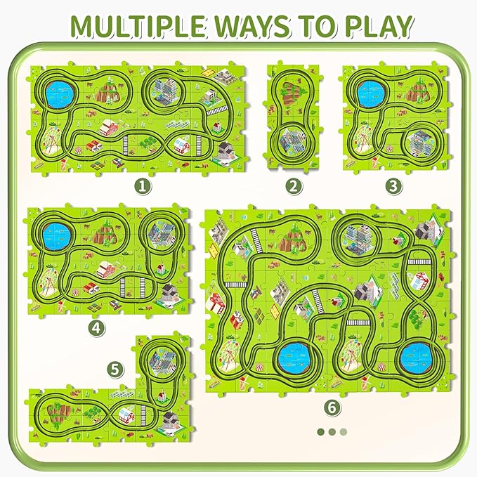 TEMI 48 PCS New Plastic Puzzles, car Tracks playset for Kids Ages 3-5 with 3 Cute Vehicle 4 5 6 Year