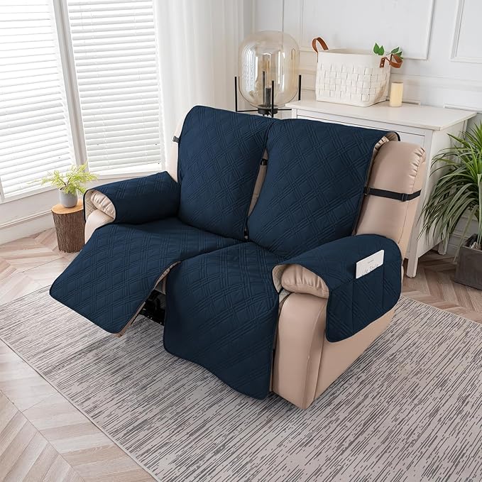 Easehomey Waterproof Loveseat Recliner Cover,Non Slip Reclining Couch Covers for 2 Seat,Dog Chair Cover Furniture Protector Washable Chair Cover with Pocket for Kids,Pets,Dogs(Dark Blue,2Seat)