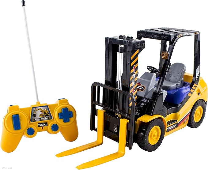 WolVolk 6-Channel Electric Remote Control Forklift - Functional RC Lighted Fork Lift Toy w/Pallet, Barrel