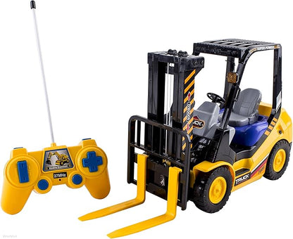 WolVolk 6-Channel Electric Remote Control Forklift - Functional RC Lighted Fork Lift Toy w/Pallet, Barrel