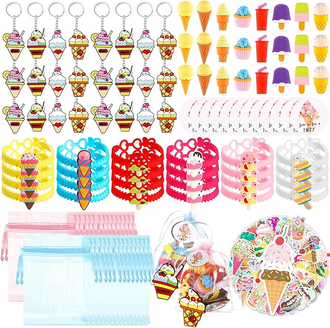 Thenshop 171 Pcs Ice Cream Party Favors Ice Cream Bracelet Keychain Eraser Sticker Labels Organza Gift Bags for Kids Girls Summer Baby Shower Ice Cream Theme Birthday Party Decorations Supplies