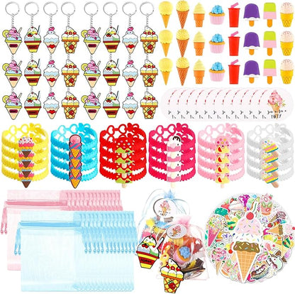 Thenshop 171 Pcs Ice Cream Party Favors Ice Cream Bracelet Keychain Eraser Sticker Labels Organza Gift Bags for Kids Girls Summer Baby Shower Ice Cream Theme Birthday Party Decorations Supplies