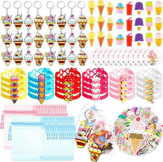 Thenshop 171 Pcs Ice Cream Party Favors Ice Cream Bracelet Keychain Eraser Sticker Labels Organza Gift Bags for Kids Girls Summer Baby Shower Ice Cream Theme Birthday Party Decorations Supplies