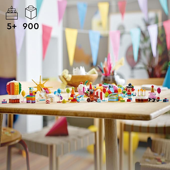LEGO Classic Creative Party Box Bricks Set 11029, Family Games to Play Together, Includes 12 Mini-Build Toys: Teddy Bear, Clown, Unicorn, Fun for All Ages 5 Plus
