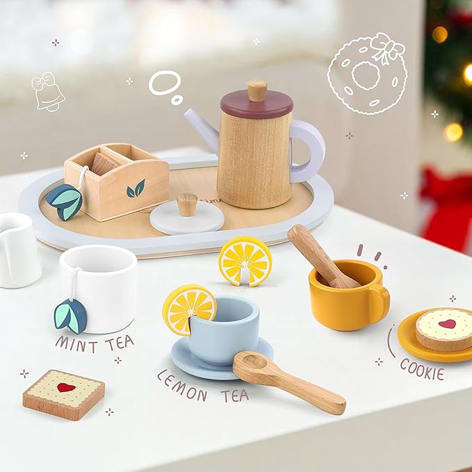 Wooden Toy Tea Set for Little Girls, Toddler Tea Party Set Kids Pretend Play Kitchen Accessories with Play Food Gift for Girls Boys 3 Years and up