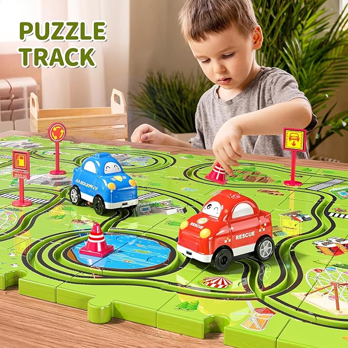 TEMI 48 PCS New Plastic Puzzles, car Tracks playset for Kids Ages 3-5 with 3 Cute Vehicle 4 5 6 Year