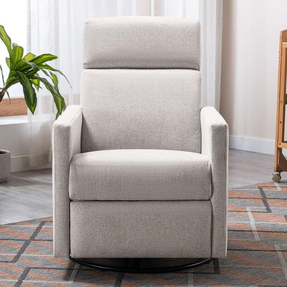 Merax Modern Modern Soft Linen Swivel Push Back Rocker Recliner w/Headsupport Adjustable Nursery Glider Chair for Living Room, Bedroom Tan