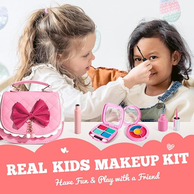 ULOVEME Kids Real Makeup Kit for Little Girls - Real, Non Toxic, Washable Make Up Toy - Umicorn Toys Gift for 3 4 5 6 7 8 9 10 12 Years Old Girls Birthday (Pink Bow Purse)