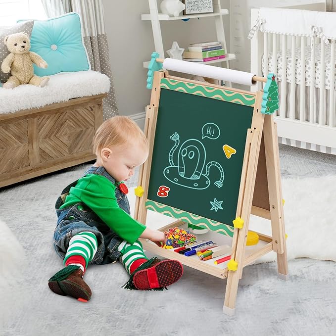 Wooden Art Easel for Kids with Paper Roll Height Adjustable Standing Easel Double-Sided Easel with Whiteboard Chalkboard Storage Tray Painting Accessories Gift for Boys Girls Toddler Ages 3+