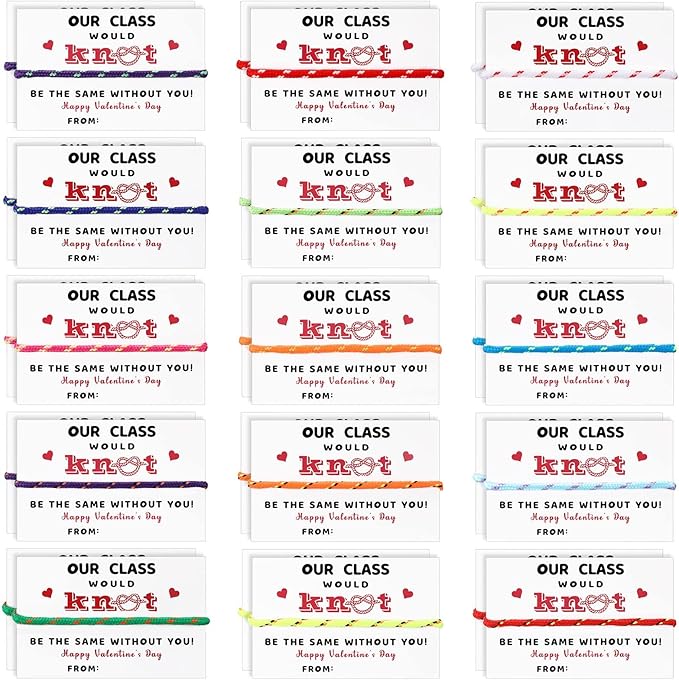Yinkin 30 Pcs Valentine Friendship Bracelets with Card Set Valentines Knot Bracelets Bulk for Students from Teacher Valentine Bracelets Cards for Classroom Exchange Kids Valentines Day Party Favors