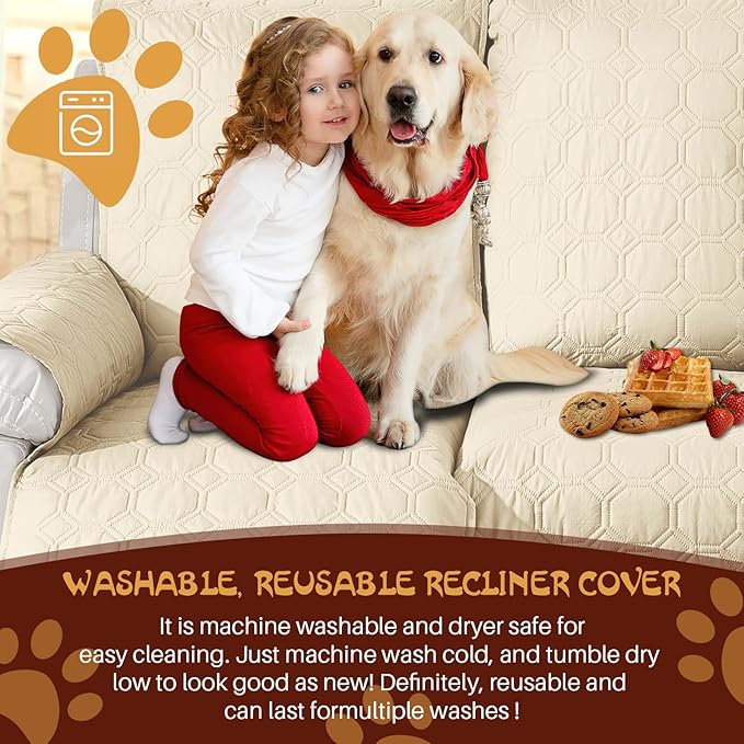 XINEAGE 100% Waterproof Recliner Chair Cover, Non Slip Covers for Recliner Chair with Pocket, Washable Dog Recliner Couch Cover with Elastic Straps (Beige, 30")