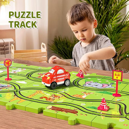 TEMI 32 PCS New Plastic Puzzles, car Tracks playset for Kids Ages 3-5 with 3 Cute Vehicle 4 5 6 Year