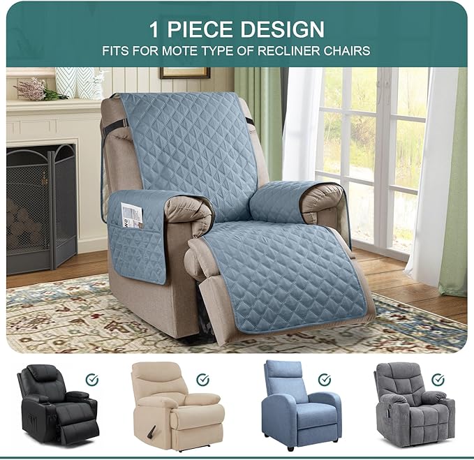 Ruaozz 100% Waterproof Recliner Chair Cover Non-Slip Oversized Reclining Cover for Large Recliner Chair Washable Chair Seat Cover with Elastic Straps for Kids, Dogs, Pets (Pastel Blue, 28'')