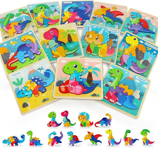 TOY Life Wooden Puzzles for Toddlers 2-4, 12 Pack Dinosaurs Puzzles for Kids Toddler 1-3, Montessori Toys for 1 2 3 Year Old, Educational Toys for Boys Girls Age 2 3 4 5, Baby Learning Toy Gifts
