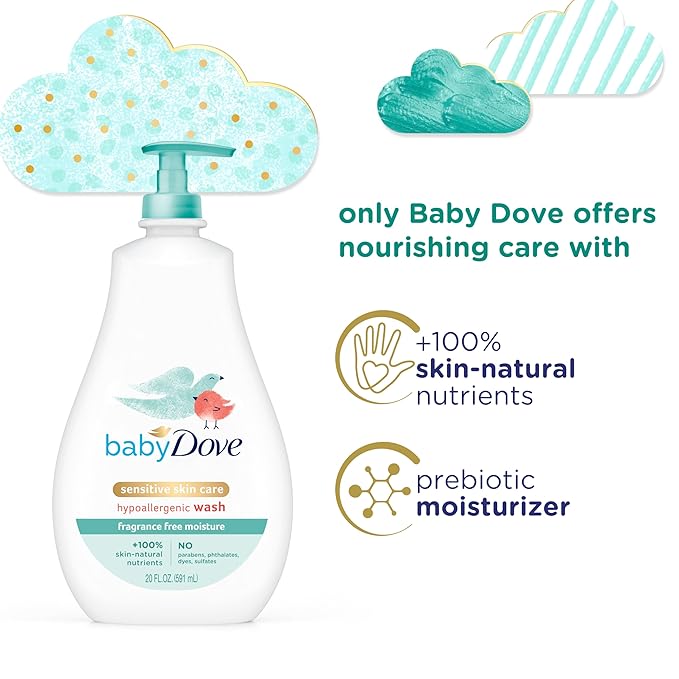Baby Dove Sensitive Skin Care Baby Wash For Bath Time, Moisture Fragrance Free and Hypoallergenic 20 oz