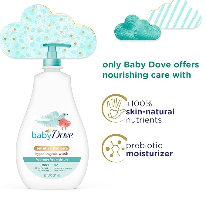 Baby Dove Sensitive Skin Care Baby Wash For Bath Time, Moisture Fragrance Free and Hypoallergenic 20 oz