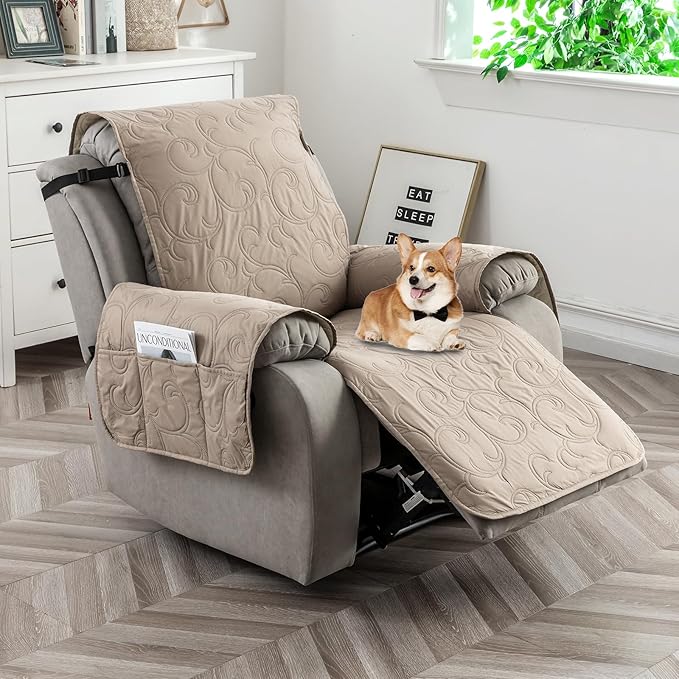 100% Waterproof Recliner Chair Cover, Recliner Chair Covers for Reclining Chair, Non-Slip Fabric Recliner Couch Cover for Living Room, for Pets Kids Protector, Washable