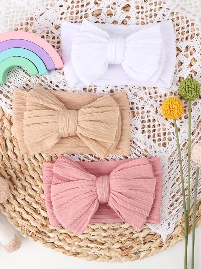 DRESHOW BQUBO Handmade Baby Headbands Soft & Stretchy Hair Bands 3 pack
