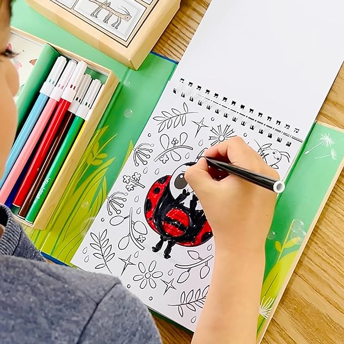 Tiger Tribe: Coloring Set - Backyard Bugs - All-in-1, Stickers & Markers, Cute Garden Critters, Magnetic Sealed Storage Box for Travel, Kids Ages 5+