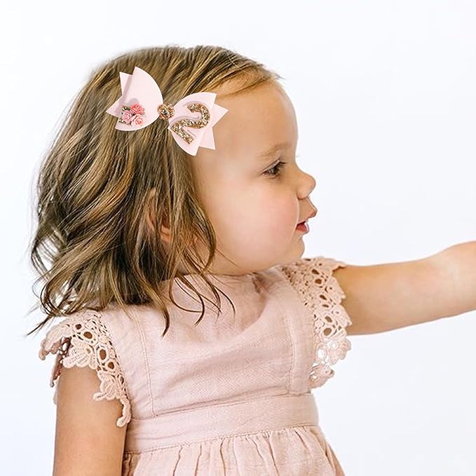 Birthday Girl bow for Baby Girls - 1st Birthday Pink Bow Headdress,Gold Glitter Birthday Bow Headband Flowers