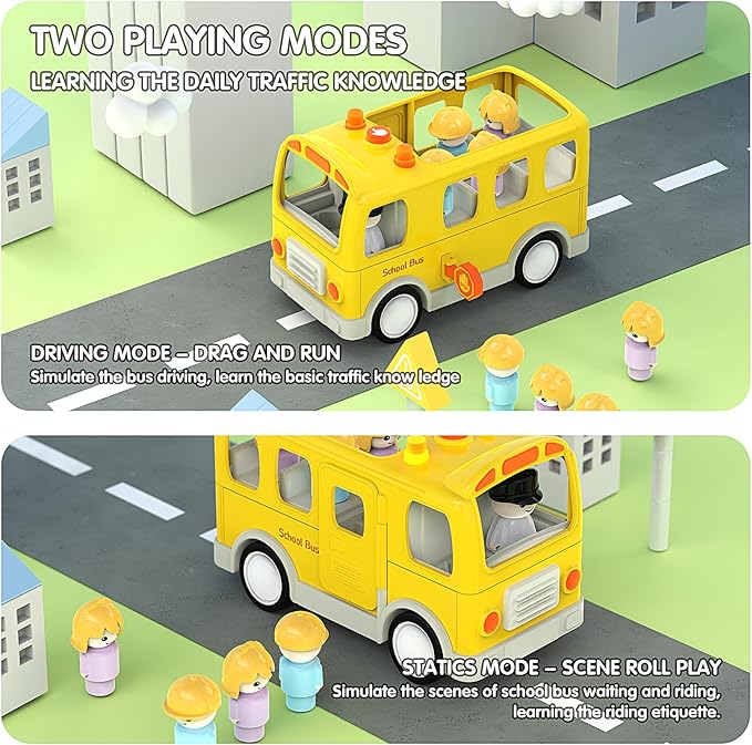 Veslier School Bus Toys with 5 Play Figures for Toddlers, Kids Car Toy with Lights ＆ Sounds 18M+ 2 3 4 5 Year