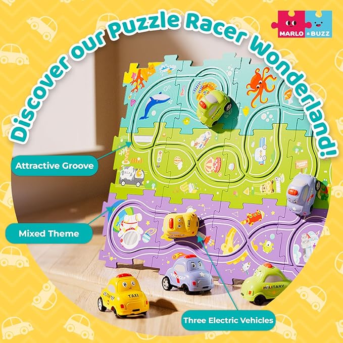 Marlo & Buzz Puzzle Racer Kids Car Track Play Set, Themed Educational Puzzles Racers Tracks with Electric Vehicles for 3+ Childrens (3 Theme (Ocean 24, pcs)