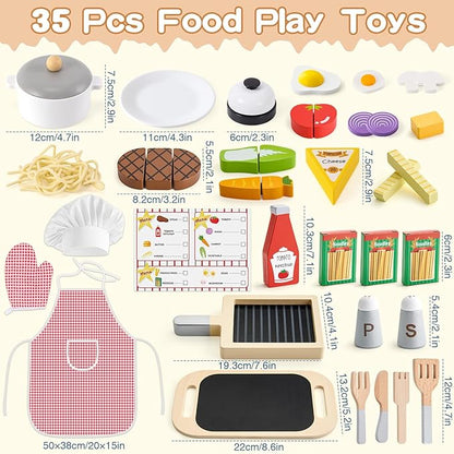 Wooden Play Kitchen Accessories for Toddlers 3-5, Play Food Sets for Kids Kitchen with Costume & Steak & Pasta & Utensils, Pretend Cooking Toys Christmas Birthday Gifts for Girls Boys 3 4 5 6